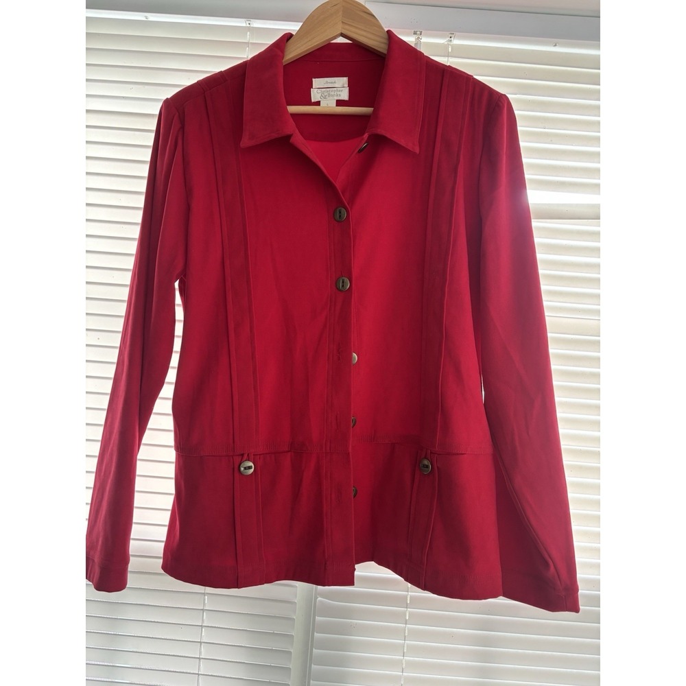 Christopher & Banks Red Button Up Jacket Large Classic Lightweight Layer Pockets